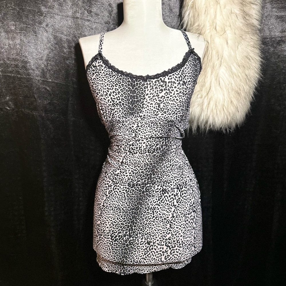 Y2K Leopard Print Slip Dress | Lace Trim Mini Size small